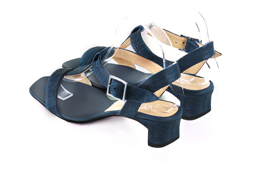 Women's denim blue elegant fully open instep strap sandals. Square toe. Low kitten heels - Rear view